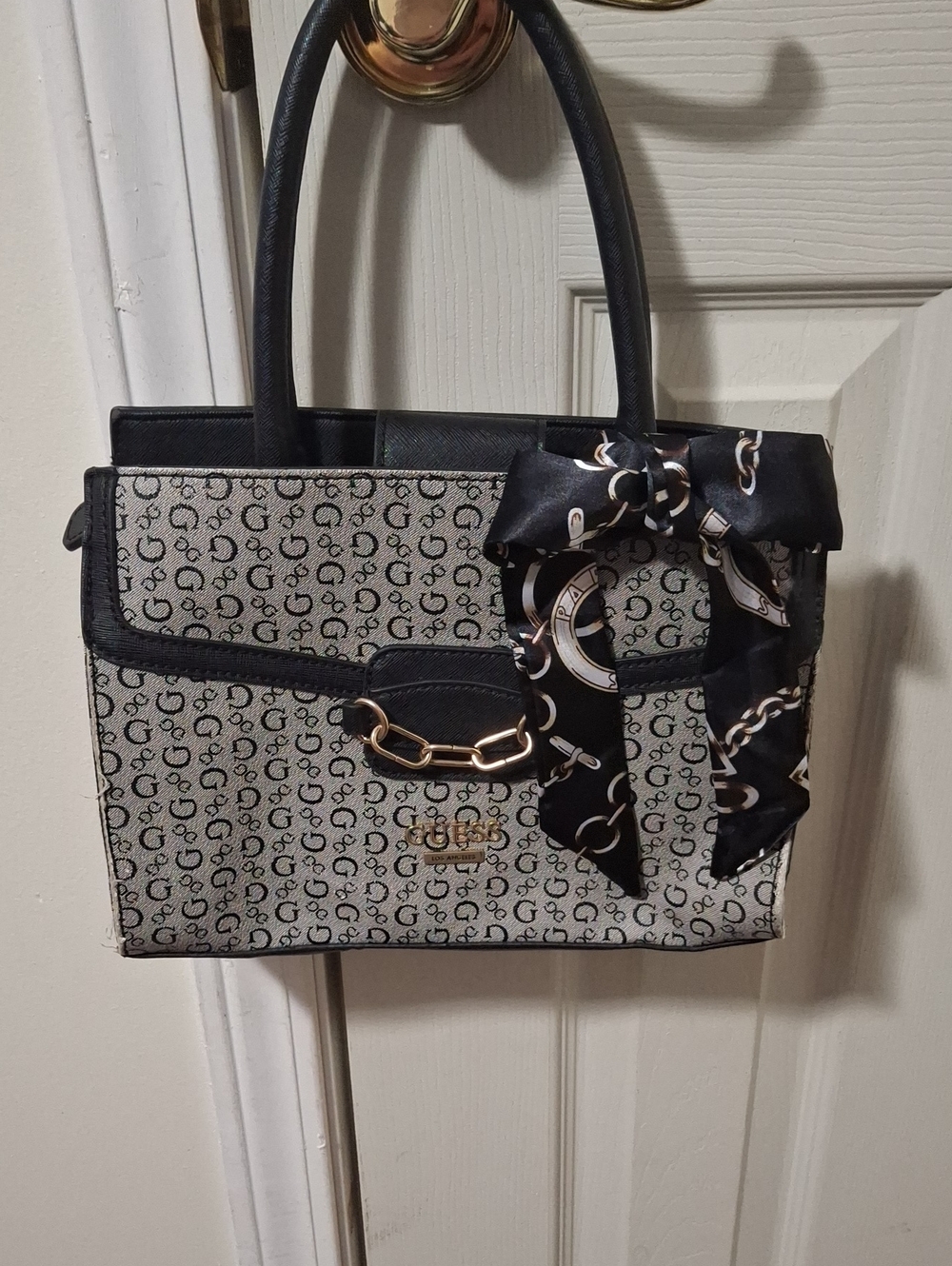 Guess Black and Gray Logo Satchel with Bow Scarf